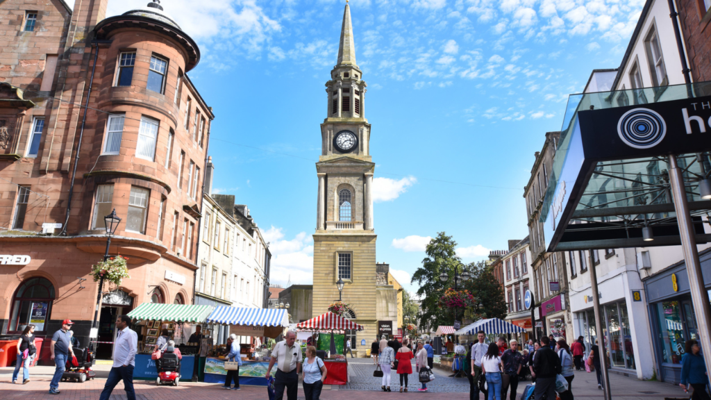 View of Falkirk high street, facing the steeple.