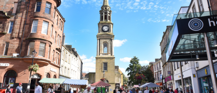 View of Falkirk high street, facing the steeple.