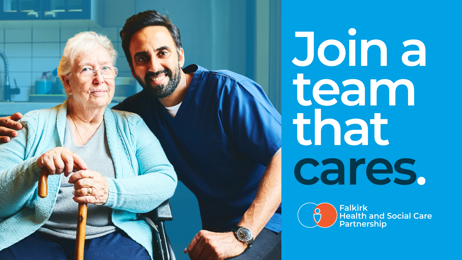 Join a team that cares graphic with man holding arm around shoulder of elderly person.