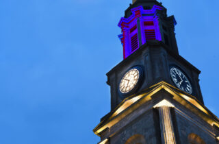 The Falkirk Steeple lit up purple for International Overdose Awareness Day