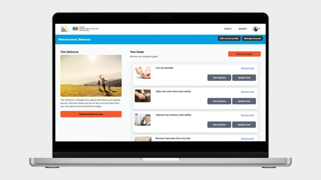 Screenshot of the new Living Well Falkirk website - showing the range of goals and assessments the platform can help people to work towards.